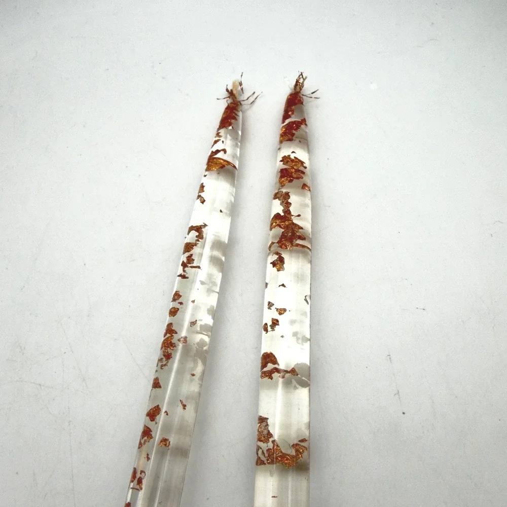 Vintage Clear Acrylic Taper Candles Copper Flake Decorative Pair 11.5